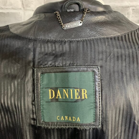 Vintage 90s Danier Black Leather Blazer Trench Coat Overcoat Longline Jacket - Picture 9 of 16